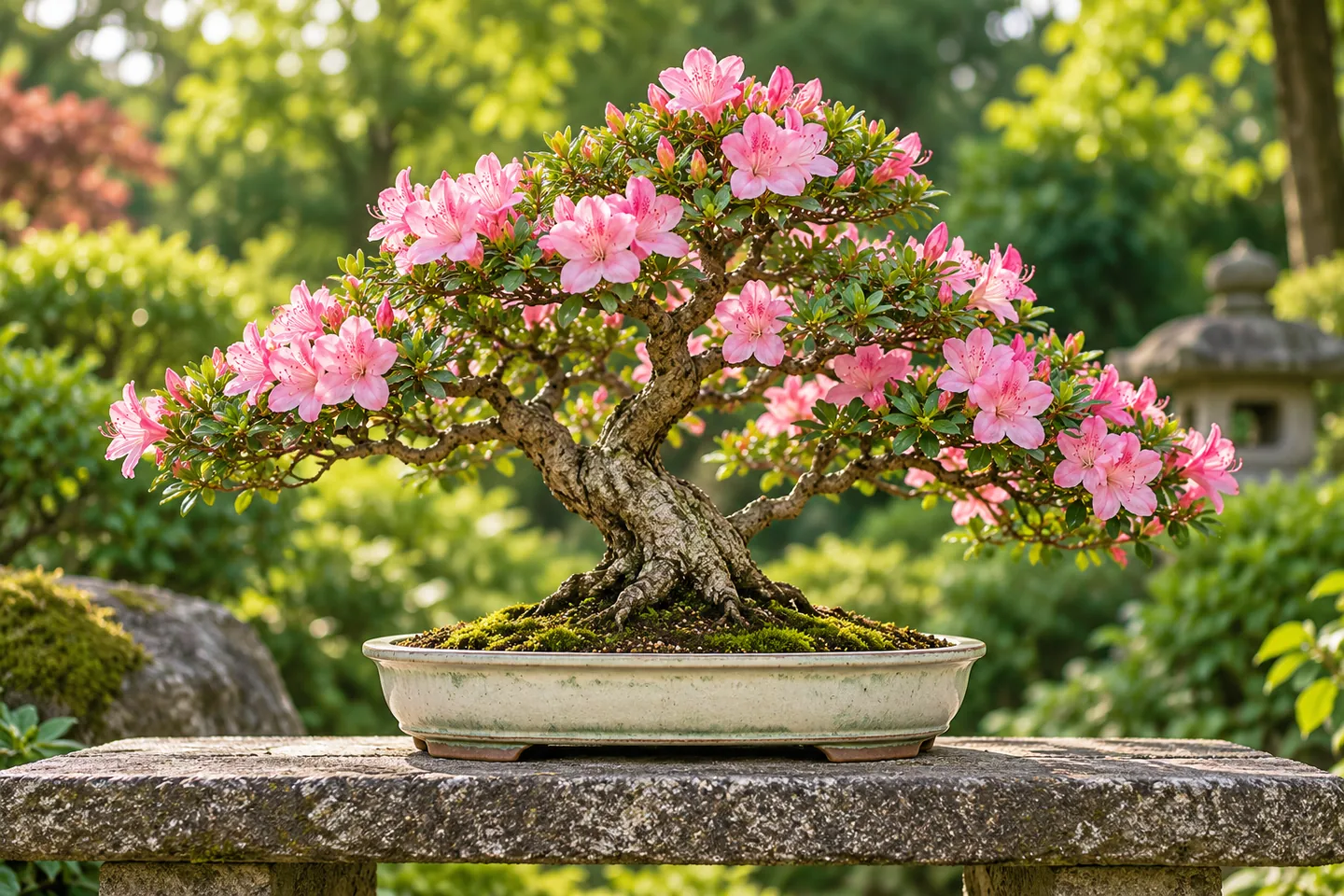 Illustration of flowering azalea bonsai with pink blooms