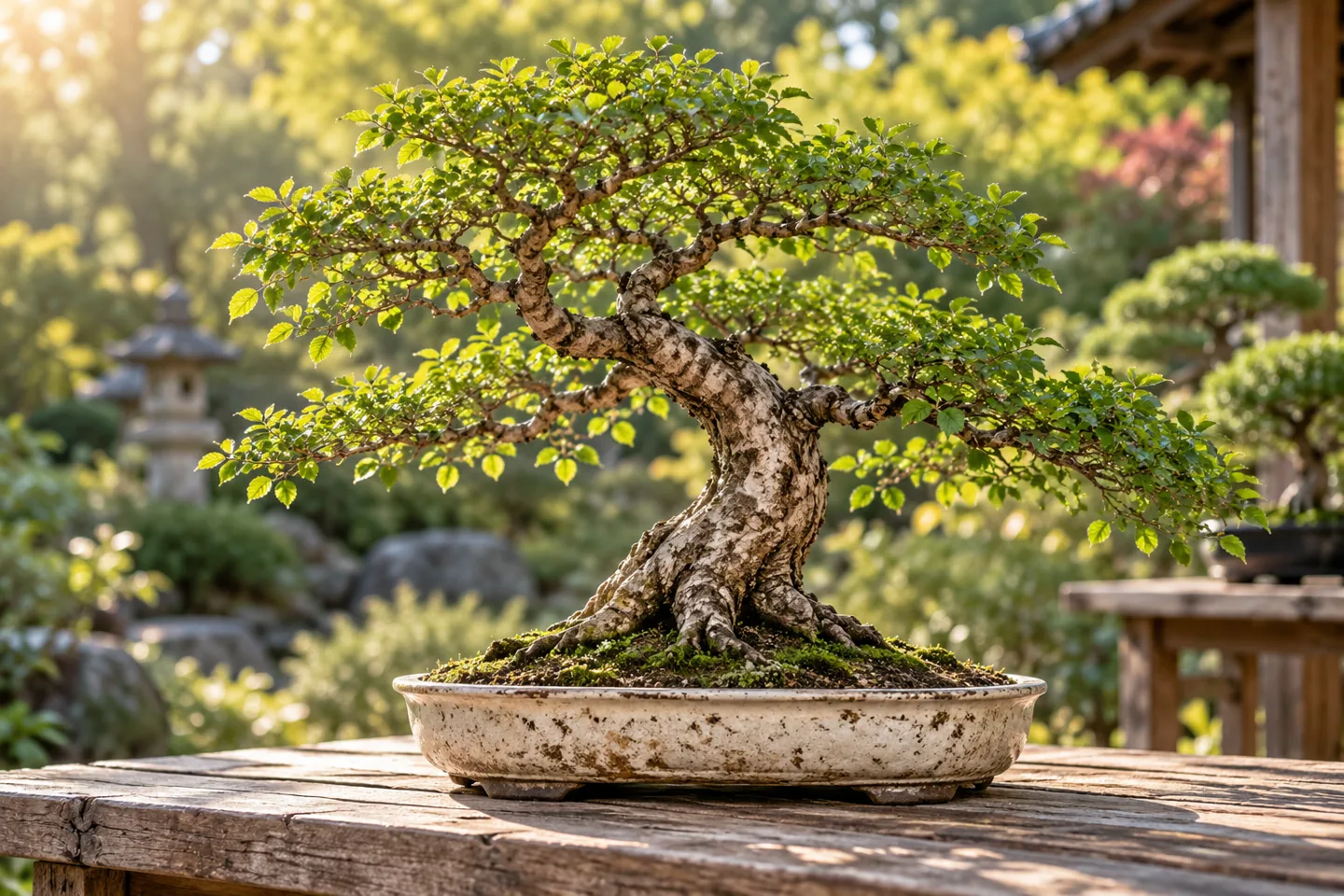 Illustration of Chinese elm bonsai with small leaves and fine branching