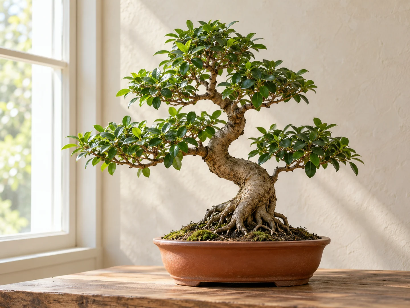 Illustration of a ficus bonsai with glossy green leaves and a strong root base