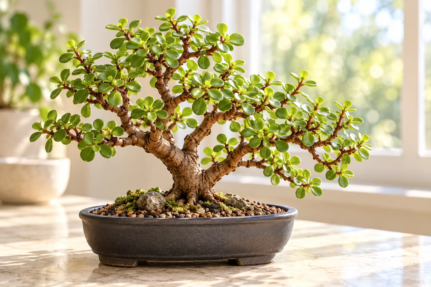 Illustration of dwarf jade with fleshy green leaves in a shallow pot