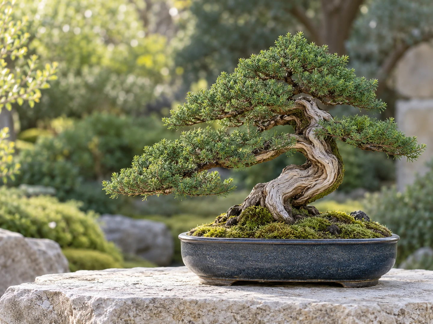 Illustration of an outdoor juniper bonsai with a curved trunk and evergreen foliage