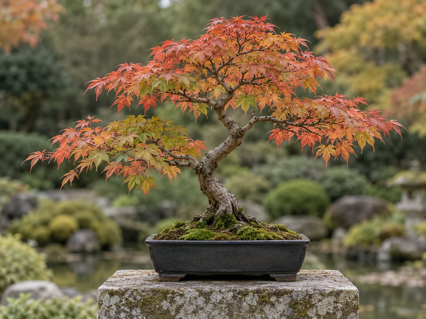 Illustration of a Japanese maple bonsai with red palmate leaves