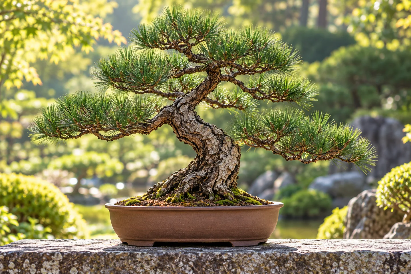 Illustration of pine bonsai with long needle clusters and a rugged trunk