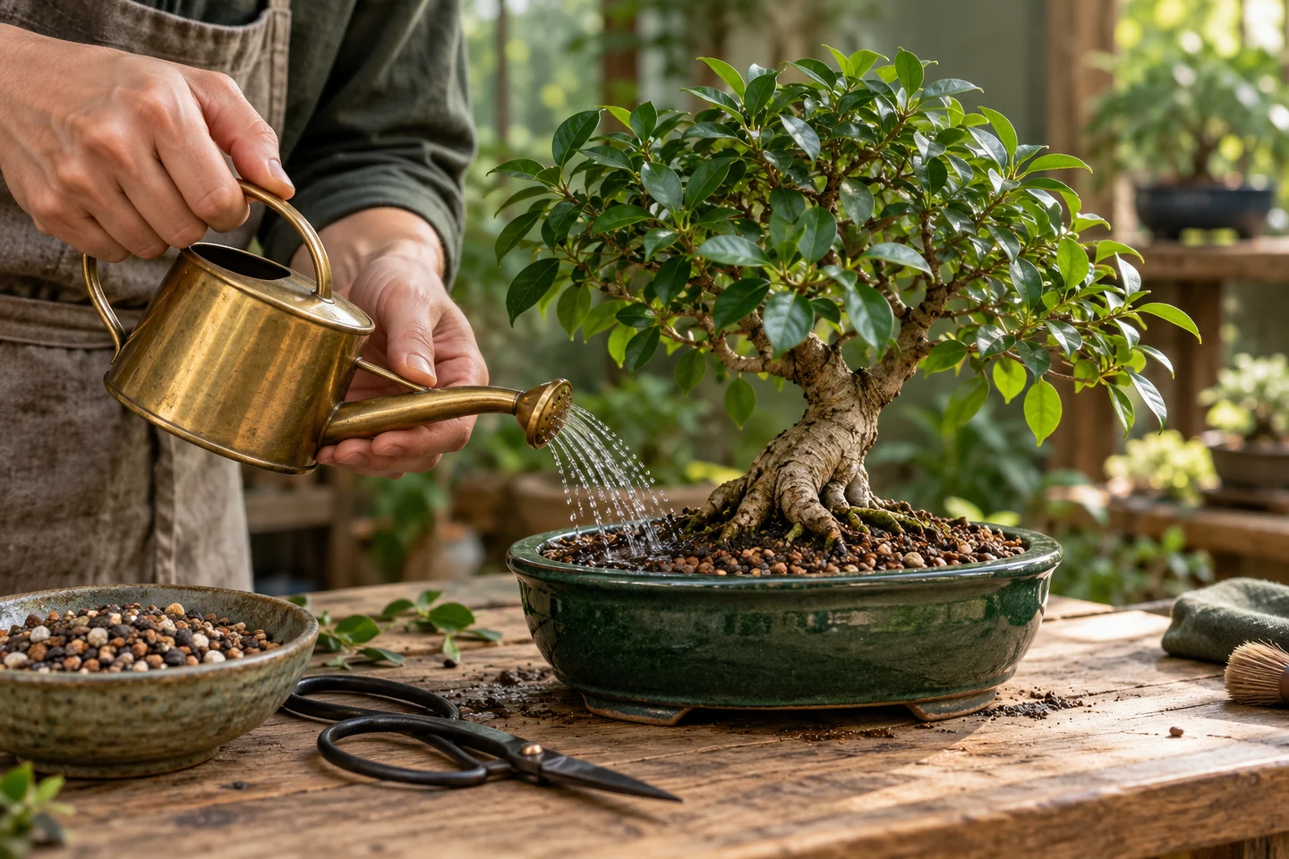 Illustration of a bonsai care workbench with a tree, watering can and tools